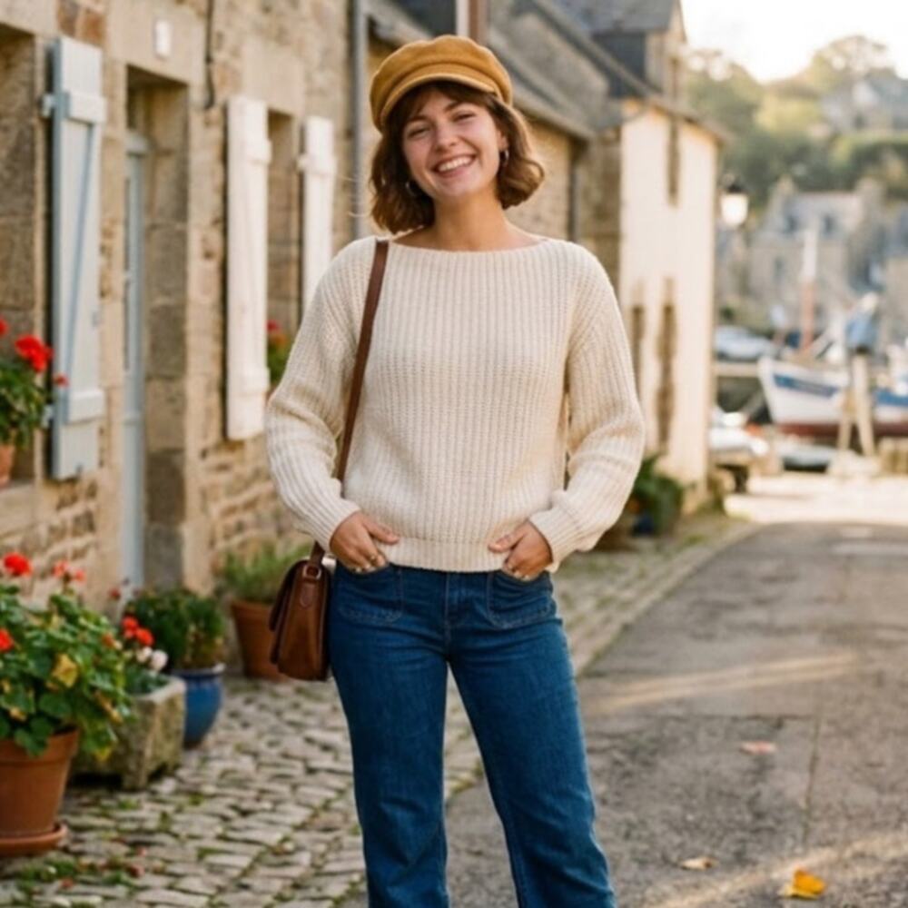 Vintage 80s Cream Cable Knit Sweater Bainin Chunky Boatneck Aran Jumper S Cotton